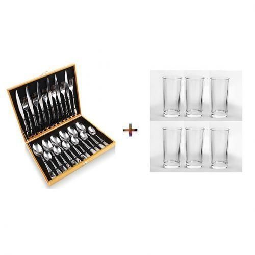 Ensemble De Cuillères - Fourchettes - Couteaux + 6 Verres à Eau - Argent/Transparent