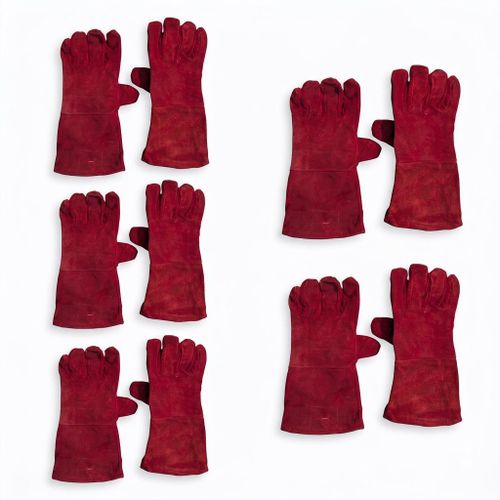 Lot de 5 Gants de Protection de Chantier en Cuir Anti-Chaleur - 5 Paires de Gants de Soudure Manchette Longue Rallongée - Idéal Meulage, Ferronnerie et Maçonnerie - Rouge Vif
