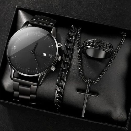 4PCS Ensemble de Montres pour Homme Noir - Montre Calendrier en Titane et Acier - Bague, Bracelet et Collier Noir - Collier Croix - Ensemble Anti-Fade pour Usage Quotidien, Affaires et Loisirs