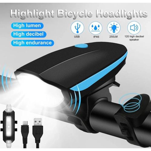 Lumières De Vélo LED Avec Klaxon, Kit Phare Et Feu Arrière USB Et Étanche, Ensemble D'éclairage Avant Et Arrière Pour Vélo - Phare à 3 Modes Et Feu Arrière à 4 Modes