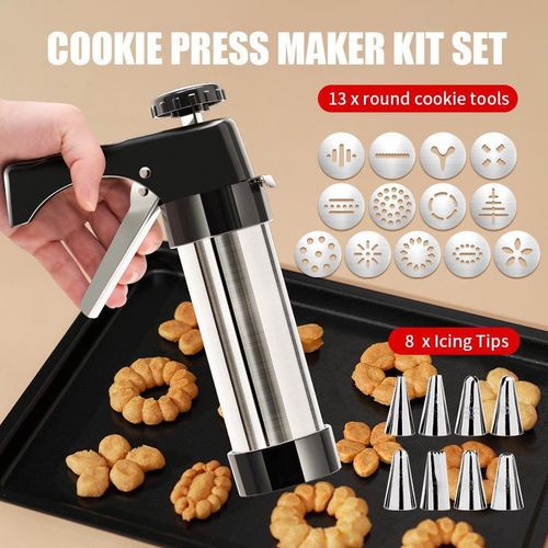 Presse à biscuits en acier inoxydable Kit pistolet à biscuits pour pâtisserie, incluant 13 disques à biscuits et 8 douilles de décoration Accessoires de pâtisserie et de décoration pour créations maison