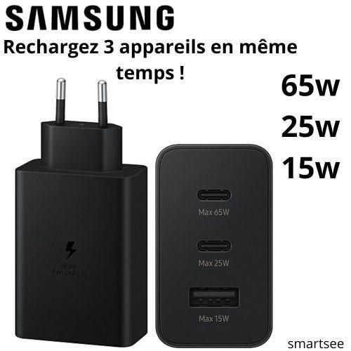 chargeur Samsung Boitier De Charge Rapide Original 2 Ports USB-C, Port USB-A- 65w,25w,15w Noir Sans Câble-NOIR