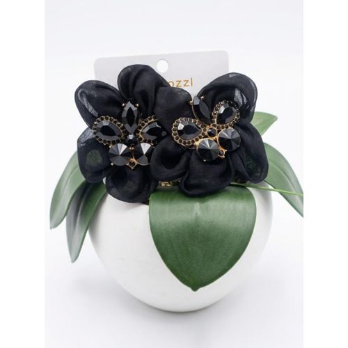 Boucles d’Oreilles à Fantaisie Florales Noir avec Strass et Perles Chic & Élégant -pour Femme.