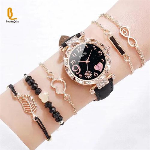Lot 6 Pièces Ensemble Montre et Bracelets Femme, Montre Simili-cuir à Strass, Boîte Non Incluse