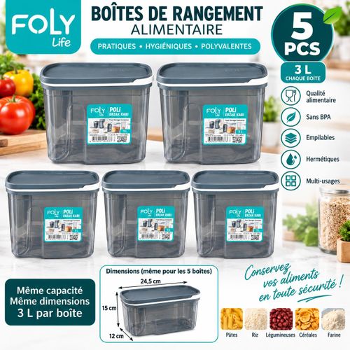 Lot de 5 Boîtes de Rangement et Conservation Alimentaire 3 L – Hermétiques, Empilables et Sans BPA