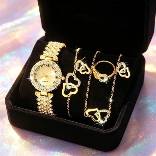 Ensemble de montre femme imperméable polyvalent à la mode de 5 pièces. Haut de gamme et luxueux, il dégage de l’élégance et est le premier choix pour les dates et les cadeaux.