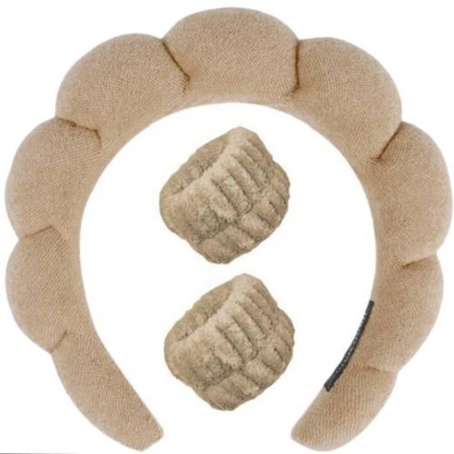 Ensemble Bandeau Spa & Bracelets Éponges Doux pour Routine Soin et Maquillage marron