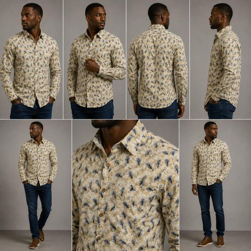 Chemise Ajustée à Motif Plumes et Imprimé Abstrait Ocre