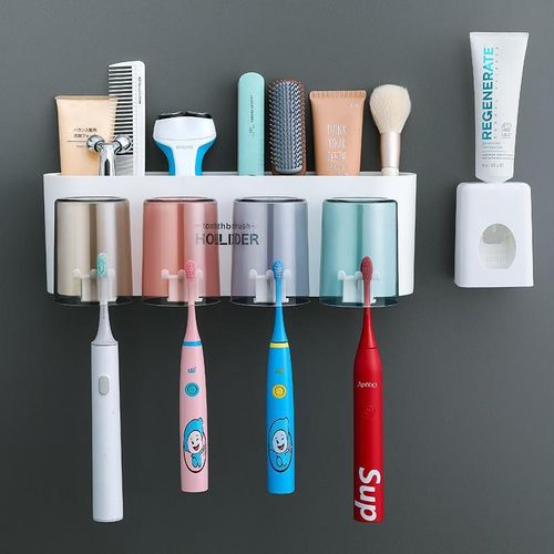 Porte-brosses à dents mural pour salle de bain - 4 emplacements + distributeur de dentifrice (inclut une bande adhésive puissante de rechange)