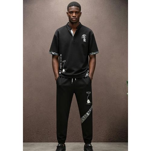 Ensemble Décontracté 2 Pièces Style Chinois pour Homme, T-shirt Manches Courtes Col Henley + Pantalon Jogging, Tissu Gaufre Respirant, Noir avec Impressions Artistiques