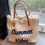 Sac à Main Cabas "Summer Vibes" en Toile - Style Bohème à Franges - Beige & Bleu