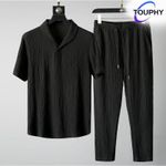 product_image_name-TOUPHY-Ensemble T-shirt à manches courtes et pantalon uni texturé – Tissu texturé confortable, tenue quotidienne minimaliste-2