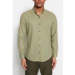 product_image_name-Trendyol-Chemise Verte À Col Boutonné Et Épaulettes, Coupe Slim, Manches Longues, 100 % Coton Aspect Lin, TMNSS20GO0189vert-2