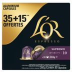 Café L'OR espresso, 50 capsules Espresso SUPREMO  Intensité 10 intense et fruité.  Pour café serré, expresso ou allongé. Compatibles Nespresso. caractérisée par un goût puissant avec une généreuse mousse. Importé de France
