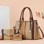 Ensemble 3-en-1 : Sac à Main Cabas, Pochette et Porte-Cartes – Élégance Rayée-marron