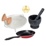 Poêle Antiadhésive + Mortier et Pilon + Talier Africain  - NOIR/ROUGE/ARGENT