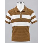 Generic Polo En Maille Côtelée À Fermeture Éclair Et Rayures Horizontal - Marron/Blanc