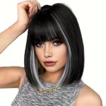 product_image_name-Generic-Perruque bob synthétique pour femme de 30 cm avec frange, cheveux raides noirs et gris méchés.-1