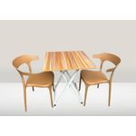 Tables pliante effet bois marron et de chaises en plastique marron 