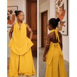 Mode Ensemble Fille Chic Jaune – Haut Drapé et Pantalon Palazzo Large