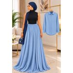 Mode Chic Robe noir & Bleu Ciel avec Hijab Bleu Marine