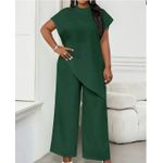 product_image_name-CALLIARA-Ensemble Patchwork Irrégulier Vert Foncé pour Femmes Taille Plus Haut à Col Montant à Manches Courtes + Pantalon Évasé Ensemble Deux Pièces Élégant et Minceur pour le Travail et les Loisirs-1