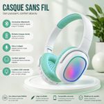 Generic Casque Bluetooth Sans Fil avec Éclairage LED RGB - Blanc et Vert Menthe - image 2