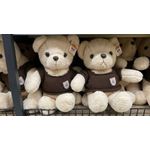 ours en peluche crème vêtu d'un petit pull marron tricoté.