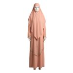 Ensemble de Prière 2 Pièces – Khimar Long & Robe Assortie – Saumon Éclatant – Finition Perlée – Taille Unique