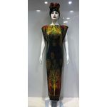 Robe de Soirée Longue Plissée – Vert Forêt & Or – Motif "Arbre de Vie" Artistique – Avec Turban Assorti