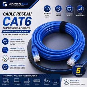Câble Réseau Ethernet Cat6 Haute Performance - Cordon de Brassage RJ45 Gigabit 1000 Mbps de 5 Mètre - Contacts Plaqués Or, Bleu, Plug & Play