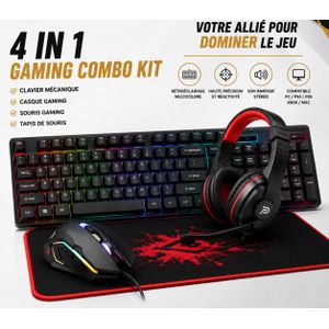  Pack Gaming 4-en-1  Complet T-Wolf TF240 - Clavier Lumineux, Souris Ergonomique, Casque Audio et Tapis de Souris - Noir/RGB.