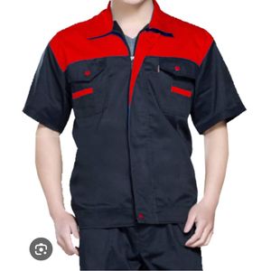 Chemise de Travail Professionnelle Homme Manches Courtes Bleu Marine et Rouge – Veste Uniforme Multipoches avec Fermeture Zippée