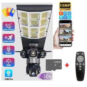 CAMÉRA SOLAIRE(AI) LAMPADAIRE TRIPLE VISION, 15 MP,1200W/100000Lithium,4G sim +128GB, TRIPLE OBJECTIFS, TRIPLES ÉCRANS DE SURVEILLANCE, IP66, DETECTION DE MOUVEMENT avec AI, TÉLÉCOMMANDÉE PTZ 2 en 1