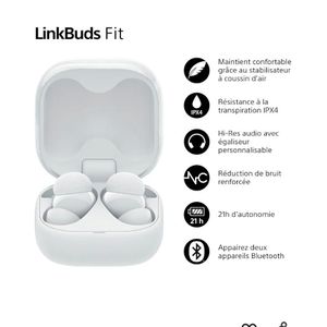 Sony LinkBuds Fit - Ecouteurs Bluetooth sans Fil à réduction de Bruit - Confortables, IPX4, Hi-Res Audio, Mode Ambient Sound, 21h d'autonomie, Connexion multipoint, iOS et Android - Blanc