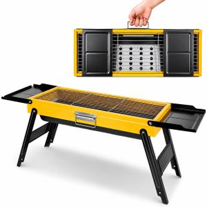 Barbecue Portable Pliable au Charbon de Bois, Grand Grill de Camping avec Plateaux Latéraux, 8 Aérations, Poignée de Transport et Pieds Rabattables, pour Jardin, Pique-nique, Plage et Voyage