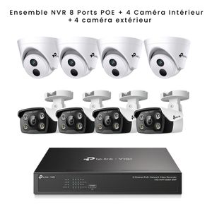 TP-Link Kit caméra de surveillance VIGI - NVR 8 ports POE + 4 Caméra Intérieur + 4 Caméra Extérieur - 4K - POE - ONVIF - TPlink - Vision nocturne 