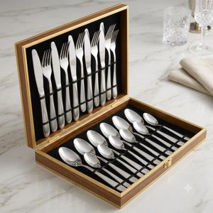 Ménagère De Couverts En Acier Inoxydable 24 Pièces - Coffret Valise En Bois Élégant - Couteaux Fourchettes Cuillères - Couleur Argent
