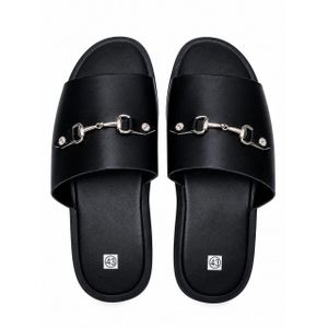 Sandales Plates  Pour Homme En Similicuir- Noir.