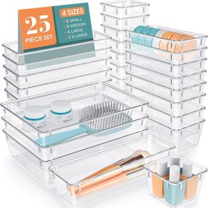TodyJeyHo Ensemble de 25 organisateurs de tiroirs en plastique transparent, plateaux organisateurs de tiroirs polyvalents 4 tailles pour salle de bain et coiffeuse, bacs de rangement pour maquillage, chambre, gadgets de cuisine et bureau