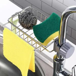 Égouttoir multifonction pour évier – Acier inoxydable – Support de robinet et porte-savon drainant – Argent