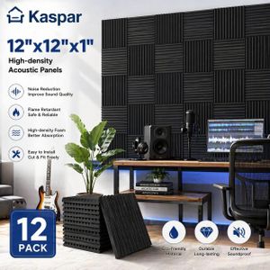 Lot de 12 panneaux acoustiques (1 x 12 x 12 pouces) - Mousse acoustique  - Mousse d'absorption sonore pour studio - Panneaux haute densité - Cales d'insonorisation - Noir