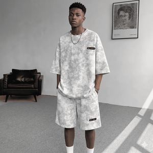 Ensemble décontracté 2 pièces pour homme – T-shirt rétro tie-dye coupe oversize – Survêtement streetwear coupe ample – Gris clair