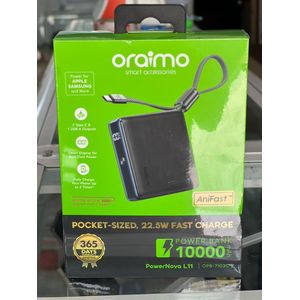 Oraimo PowerNova L11 - Batterie Externe 10000mAh - 22.5W Fast Charge - Écran Numérique - Câble Type-C Intégré - Noir