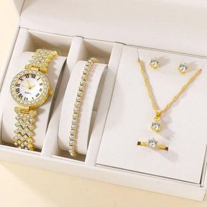 Set 6PCS Montre Femme Luxe à Strass Quartz + Bijoux (Bracelet, Boucles d’oreilles, Collier, Bague) – Élégant et Chic