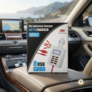 Chargeur Universel Voiture & Batterie (12V) 12 en 1 – Station de Charge 8 Ports USB avec Écran LCD, Prise Véhicule & Pinces Crocodile Pour Smartphones & Accessoires