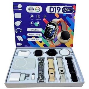 Montre connectée D19 fournie avec des accessoires tels qu'une paire d'AirPods Pro 2, une batterie externe sans fil, un adaptateur secteur et un câble de données.