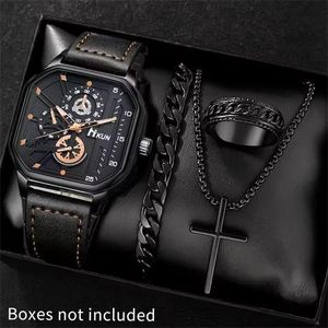 Ensemble 4 PS: Montre sportive à quartz pour homme avec boîtier carré, mode tendance et polyvalente, grand cadran, bracelet montre, bracelet et collier