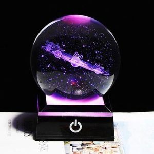 K9 Cristal Système Solaire Pet Globe 3D Laser Gravé Soleil-noir LED Base 6cm