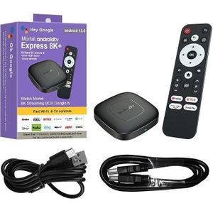 Boîtier TV Android Express 8K+ Ultra HD, 2 Go de RAM, 16 Go de ROM, Télécommande vocale, Wi-Fi, Système d'exploitation Android 14 - Boîtier TV avec Wi-Fi double bande 5 GHz intégré